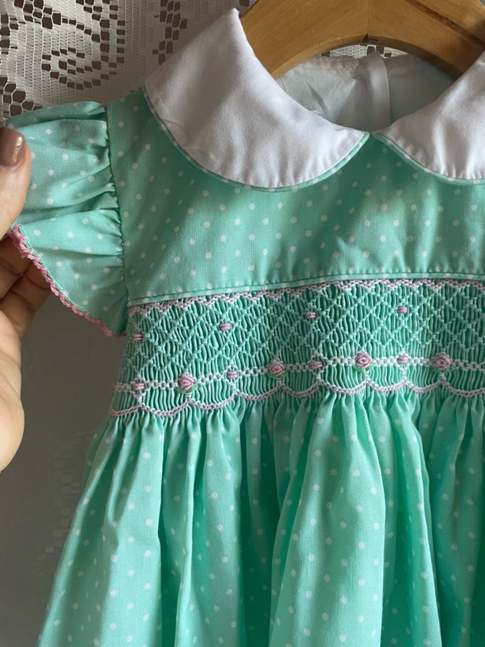 EDGEHILL COLLECTION Girl’s 4T Mint Green Polka Dot Dress with White Collar - Picture 3 of 10